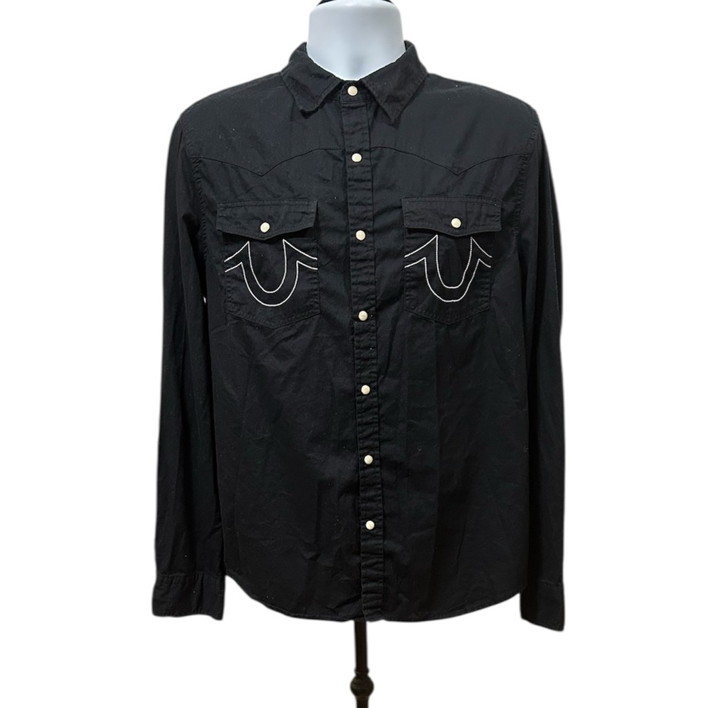 TRUE RELIGION Big T Western Black Pearl Button-Up Shirt w/ Embroidered Pockets M